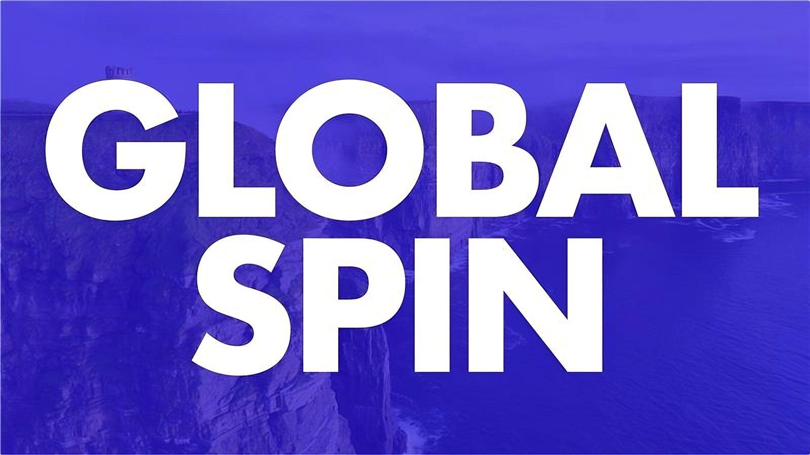 A graphic promoting the Recording Academy's Global Spin performance series. The graphic features the words "Global Spin" written in black text atop a white background alongside a Grammy Award trophy next to the word "Series."